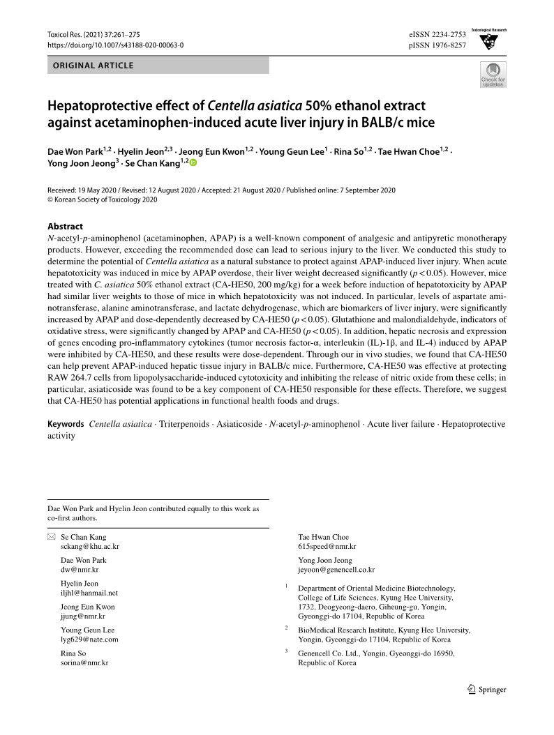 Hepatoprotective efect of Centella asiatica 50% ethanol extract against acetaminophen‑induced acute liver injury in BALB/c mice