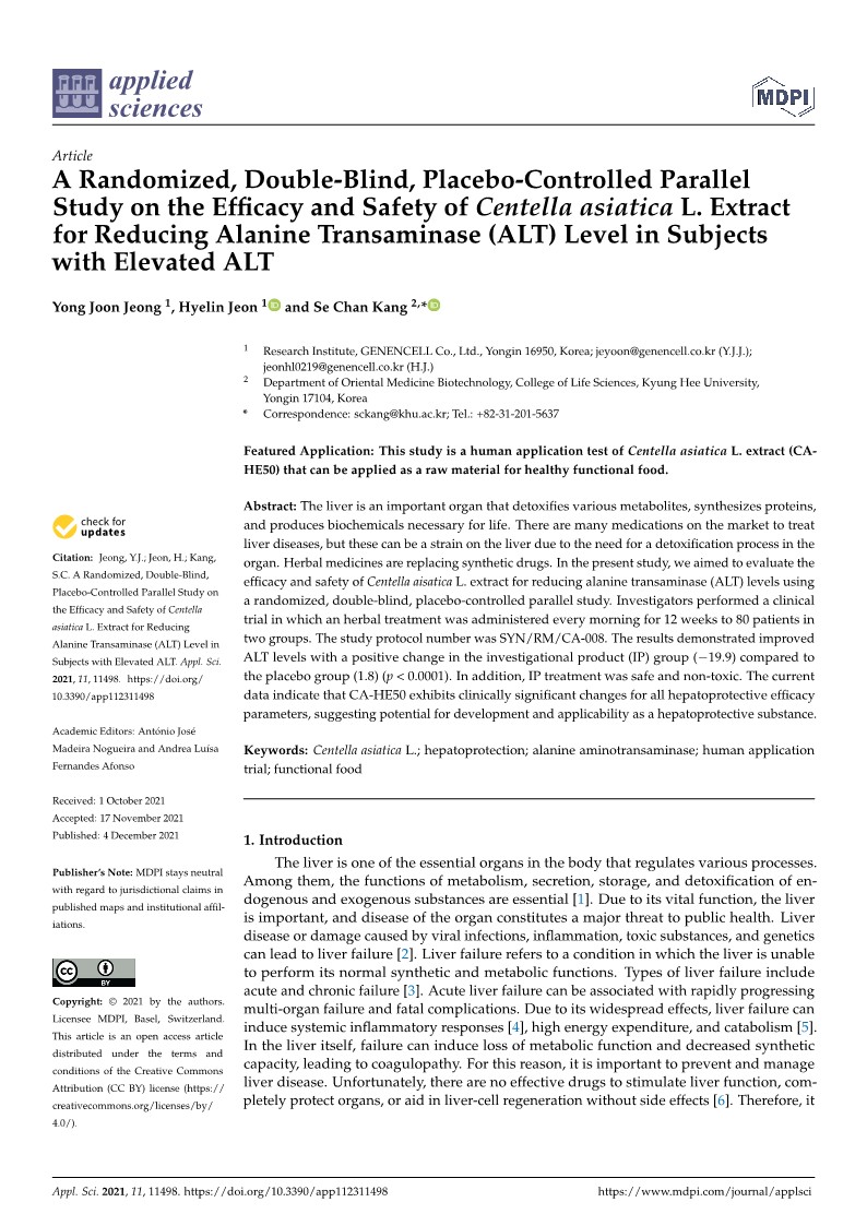 A Randomized, Double-Blind, Placebo-Controlled Parallel Study on the Efﬁcacy and Safety of Centella asiatica L. Extract for Reducing Alanine Transaminase (ALT) Level in Subjects with Elevated ALT